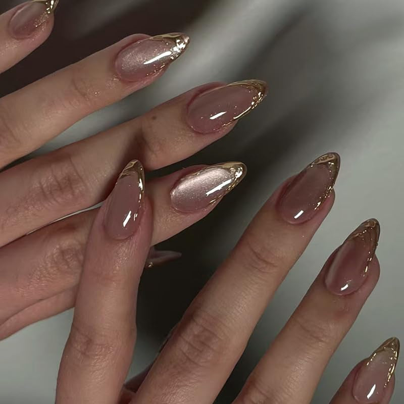 Moonglow korte magnetische kunstnagels, roze amandelrood gradiënt glitter kattenoog met lijm, roze rode ombre glitter fototherapie kunstnagels voor dames en meisjes