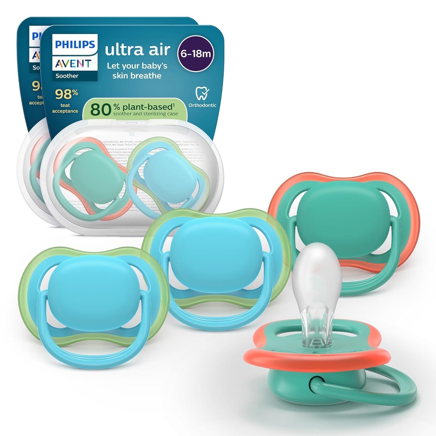 Philips AVENT ultra air-fopspenen - verpakking van 4 BPA-vrije, ademende fopspenen voor baby's van 6-18 maanden, inclusief draagtas en sterilisatie, schildpad-/walvispatroon (model SCF085/66)