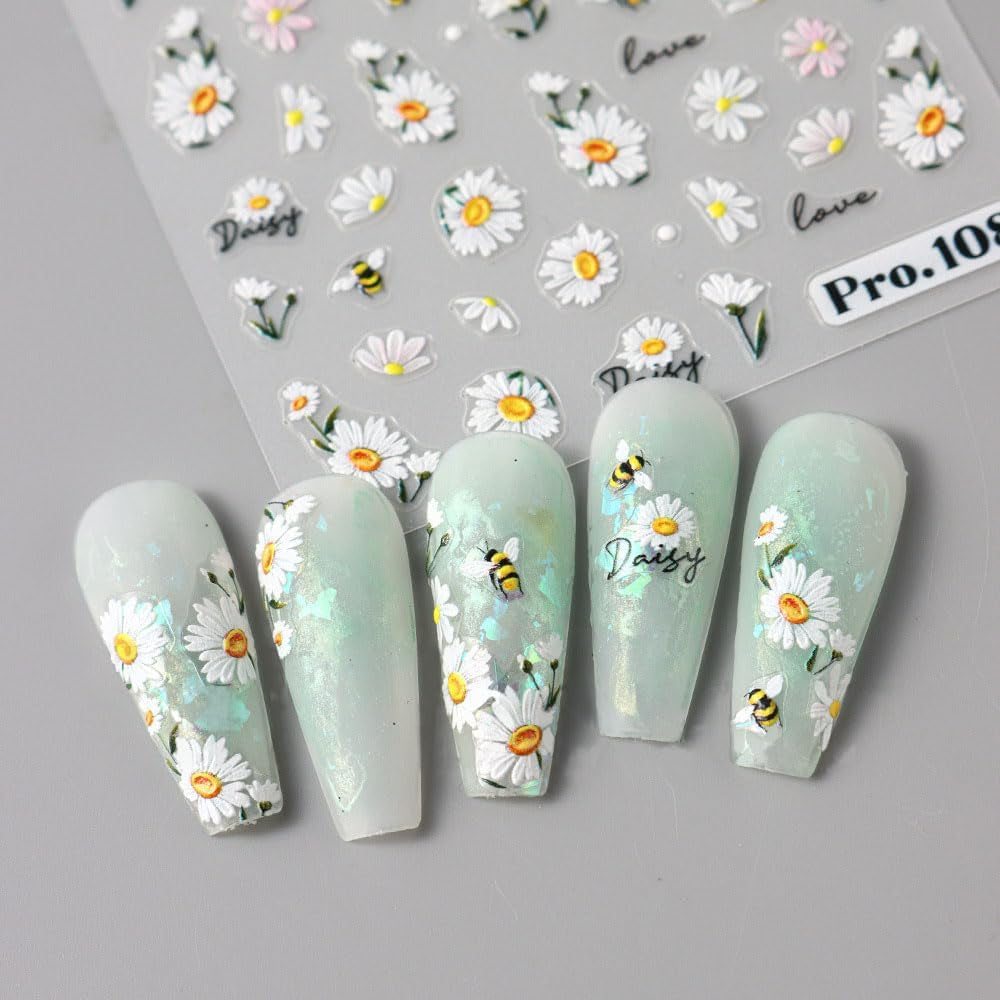 5 Stuks Geprägte Gänseblümchen Nagelsticker Selbstklebend Blumen Nagelaufkleber Gänseblümchen Schmetterling Nagel Sticker Nageldesign Aufkleber Nägel Zubehör Blume Nail Sticker Flower Nail Art Stickers
