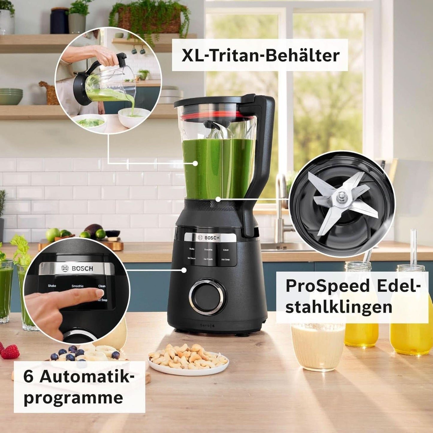 Highspeed-Standmixer Vitapower Serie 6 MMBD665B1, 45.000 U/Min, 6 Programma's Inkl Heiße Suppe & Reinigung, 2 L Mixbehälter, Stopfer, Spülmaschinenfeste Teile, Made in Europe, 1800W, Schwarz Kitchen Naty Shop