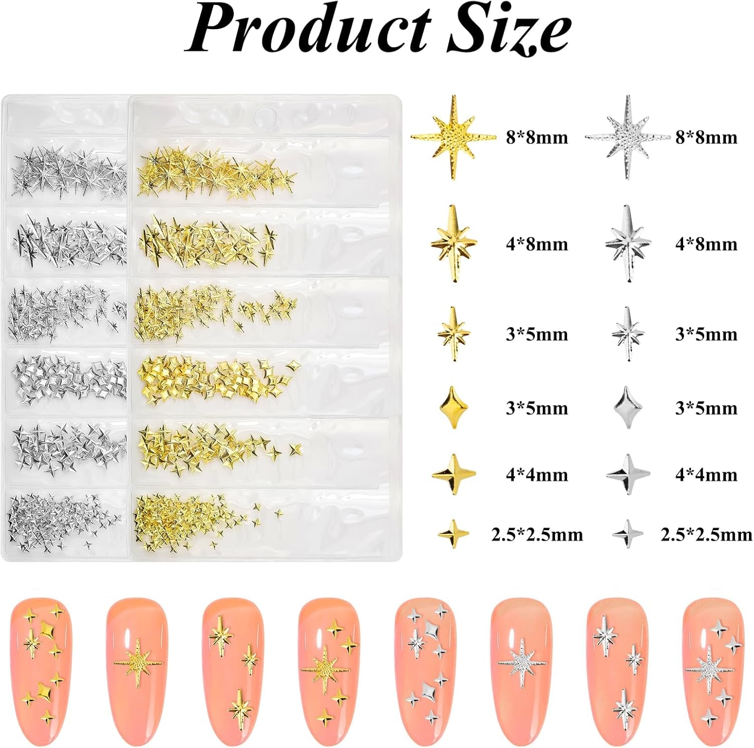 400 Stück Gold Silber Stern Nail Charms Nägel, 3D Metall Star Nagelkunst Decoraties, Star Nail Design Gemischt Grote Vorm Nägel Zubehör