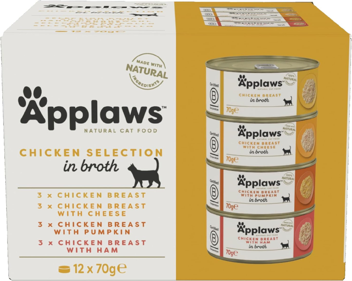 Applaws 100% natuurlijk premium natvoer voor katten, kippenbouillon, selectie voor volwassen katten - 4 dozen (12 x 70 g)