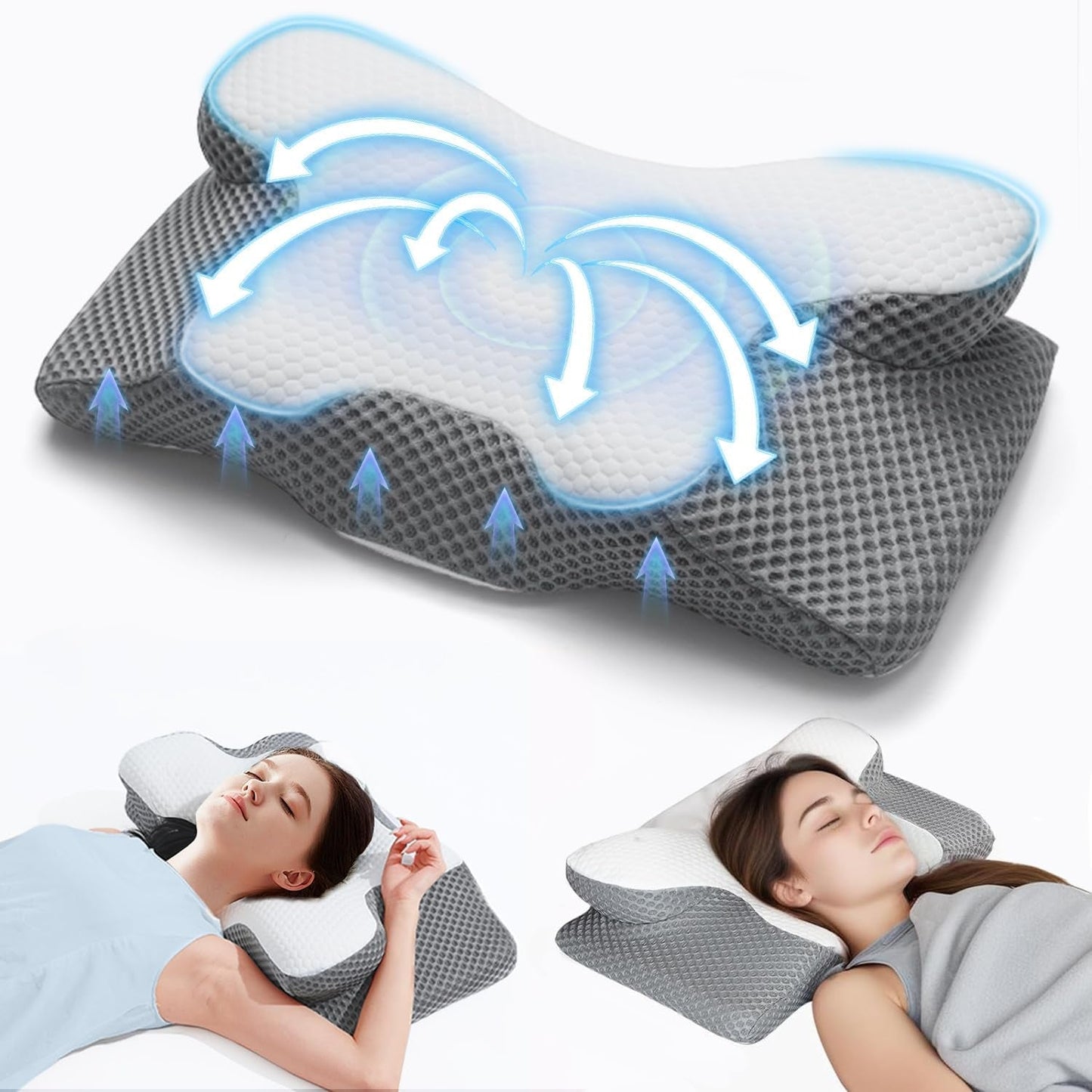 2 in 1 nekkussen kussen, traagschuim kussen, ergonomisch orthopedisch kussen, 2 slaaphoogtes, neksteunkussen voor zij- / rug- / buikondersteuning Cervicale orthopedische kussens Naty Shop Grijs