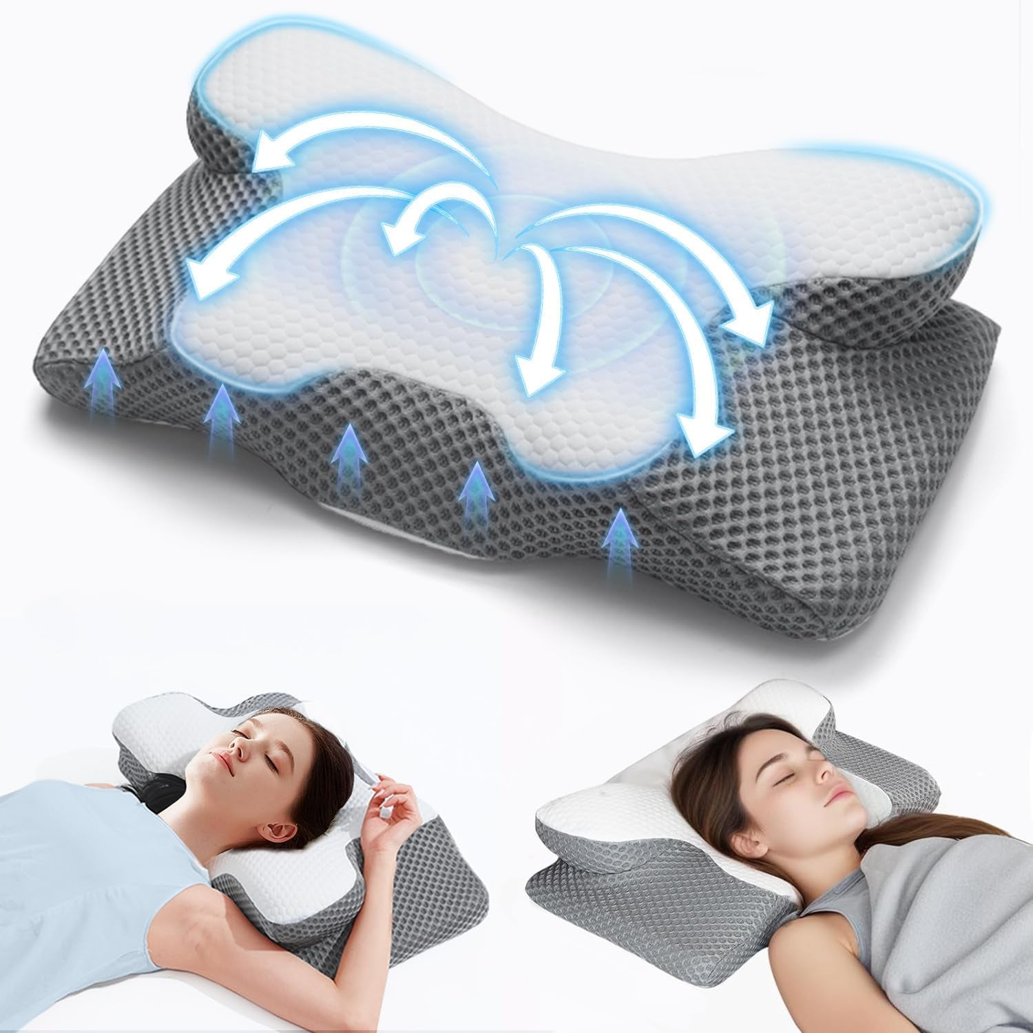 2 in 1 nekkussen kussen, traagschuim kussen, ergonomisch orthopedisch kussen, 2 slaaphoogtes, neksteunkussen voor zij- / rug- / buikondersteuning Cervicale orthopedische kussens Naty Shop Grijs