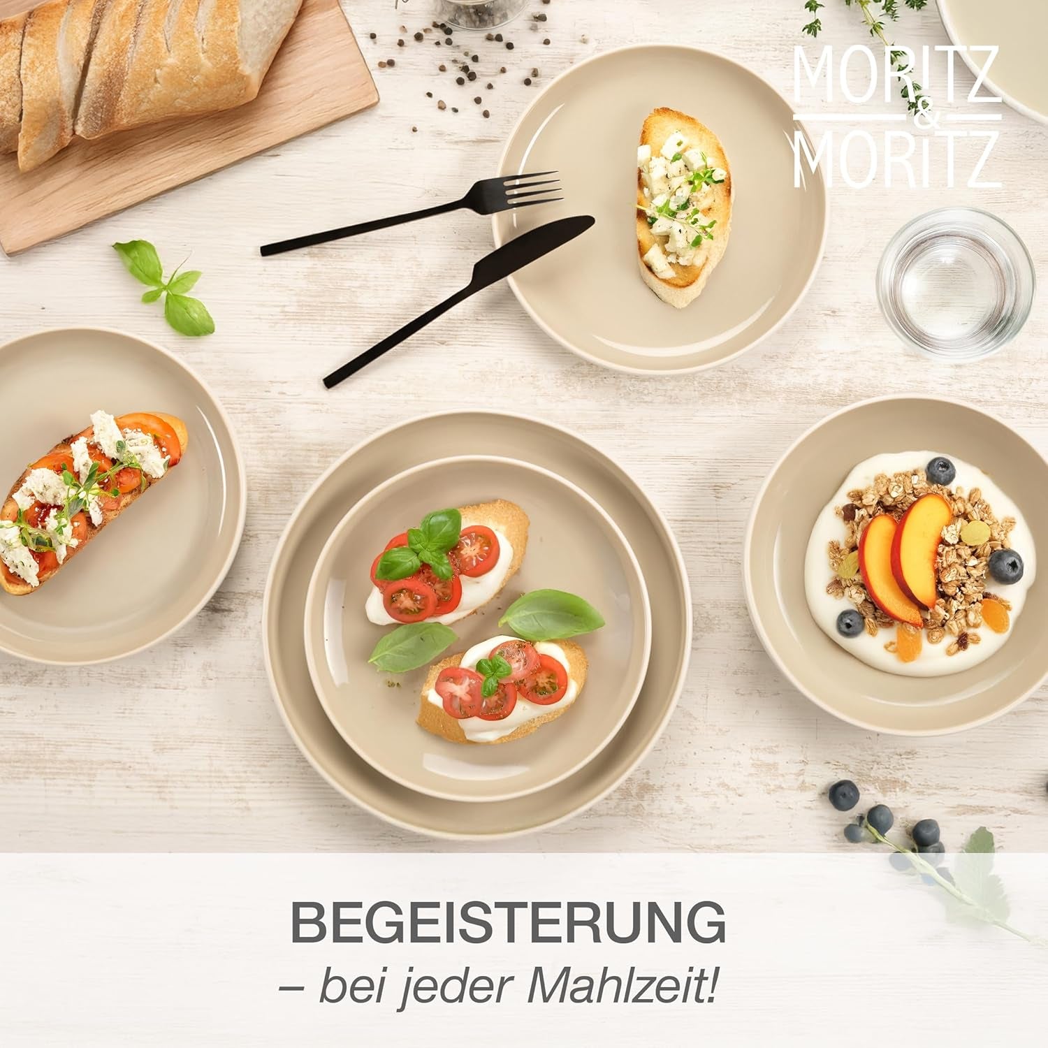 Moritz & Moritz CAVO steengoed servies voor 12 personen, 36-delig - Modern servies in zandkleur - Onderhoudsvriendelijke combinatieset met borden en schalen - Koffieservies