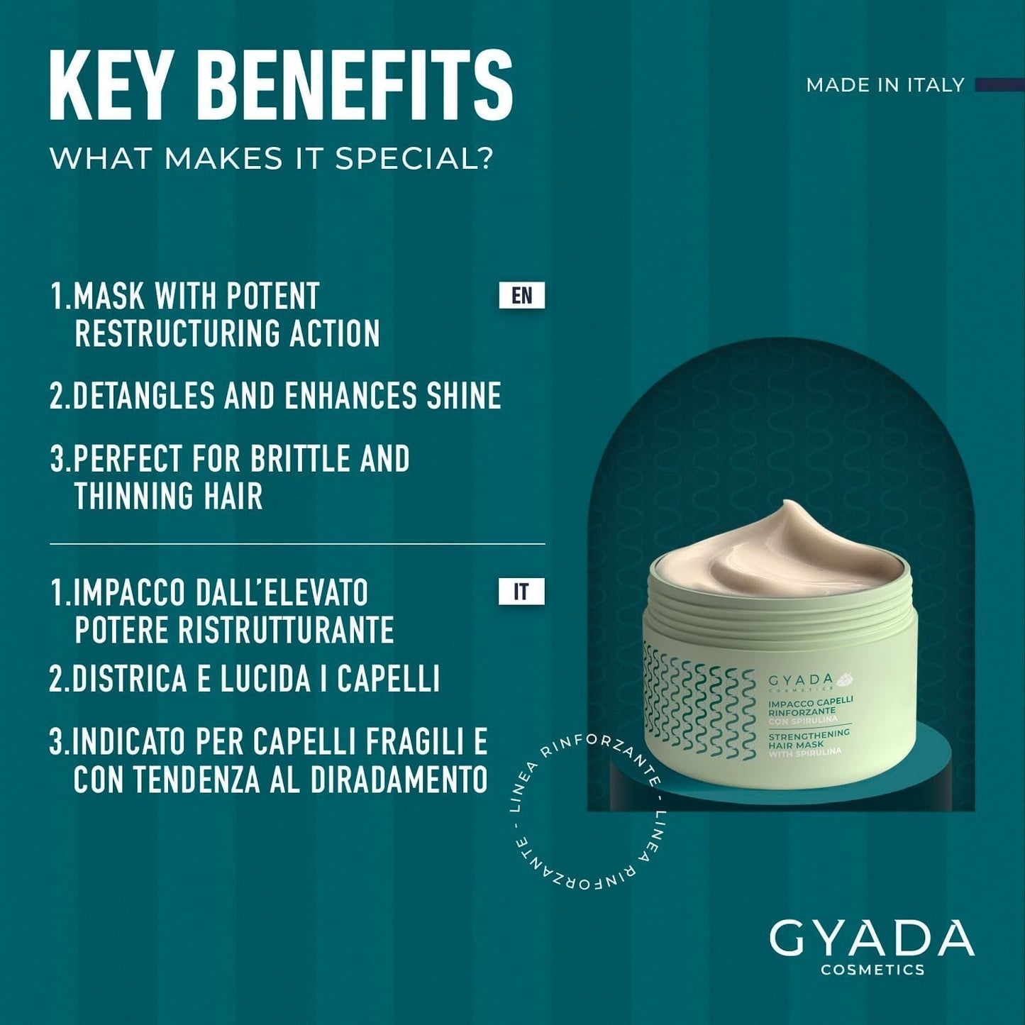 GYADA COSMETICS Spirulina Haarversterkingspakket Voedend Anti-Haaruitval Dubbele tips Werkt 250 ml + beukenhouten kam Ideaal voor het ontwarren van alle haartypes Naty Shop Haarmasker