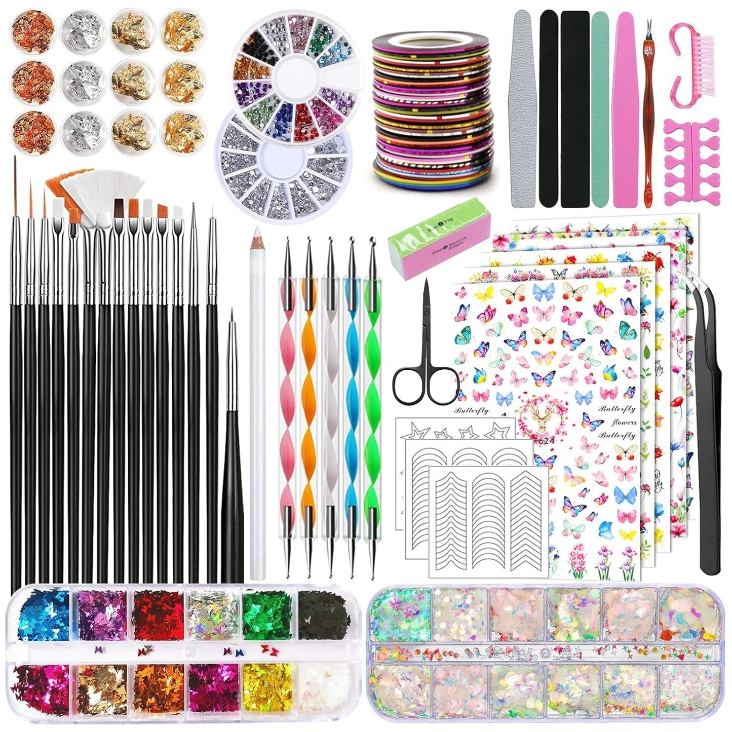 Nail Art Pinsel en decoratieset,Nail Art decoratieset,15 stuks Pinsel,5 Blätter Nagelsticker,5 stuks Dotted Pen,Strasssteine ​​​​Nägel,Ultra Dünn Nagel Pailetten voor Nagelkunst Maniküre