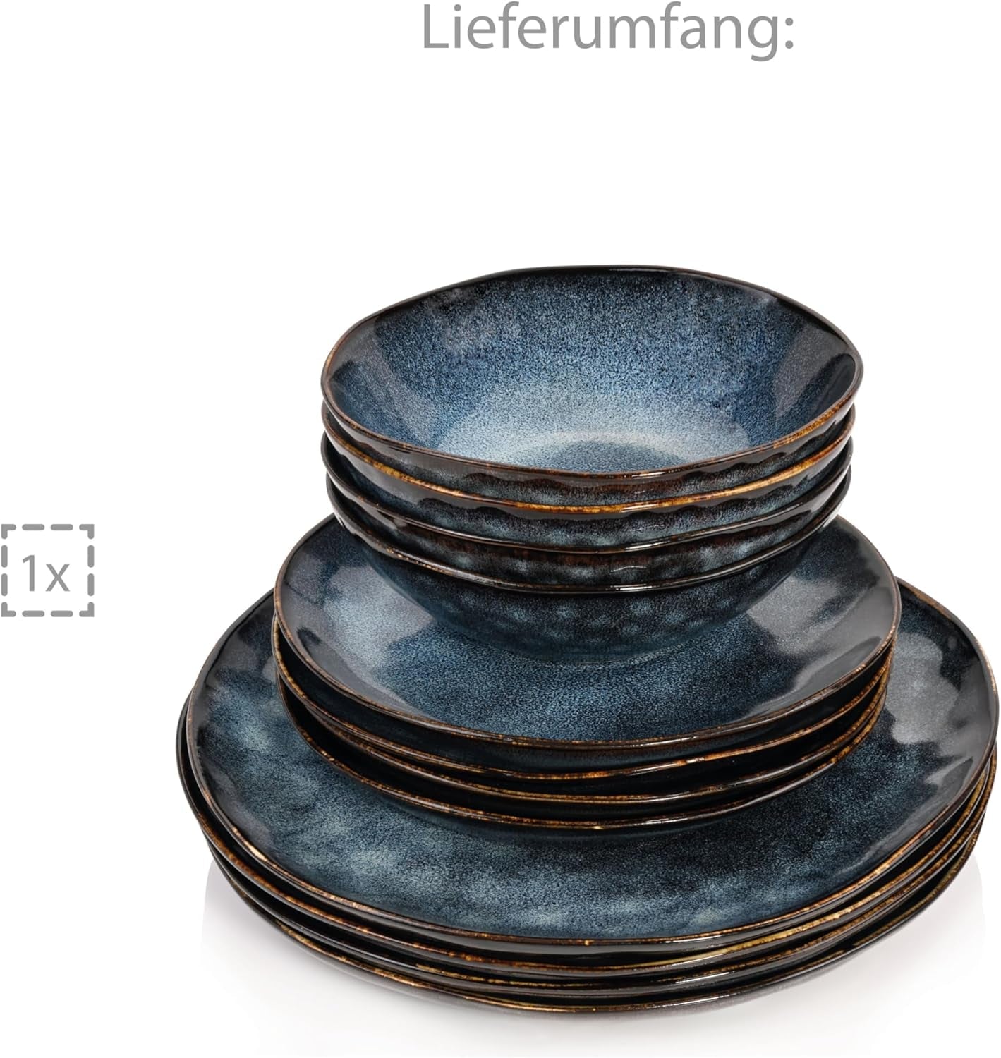 ZANGER | Tokyo Serviesset 12-delige Steengoed Serviesset voor 4 personen, inclusief dinerborden, dessertborden en schalen, donkerblauw met zwarte accenten | DE PREMIUM COLLECTIE