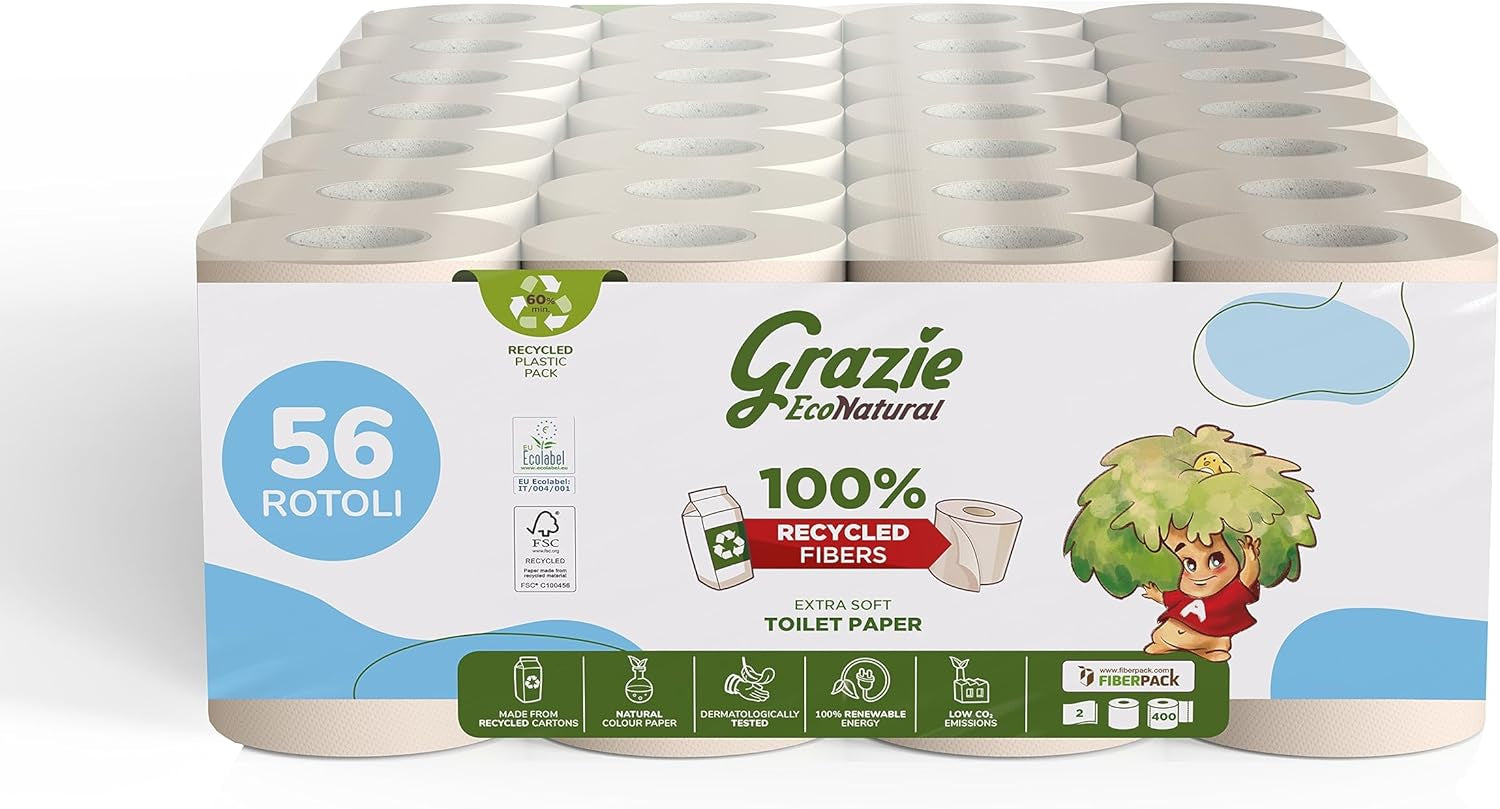Grazie natuurlijk toiletpapier, Econatural, 56 rollen, Fibrepack gerecycleerd toiletpapier, 100% ecologisch, milieuvriendelijk, ecolabel gecertificeerd en FSC gerecycleerd, gemaakt in Italië