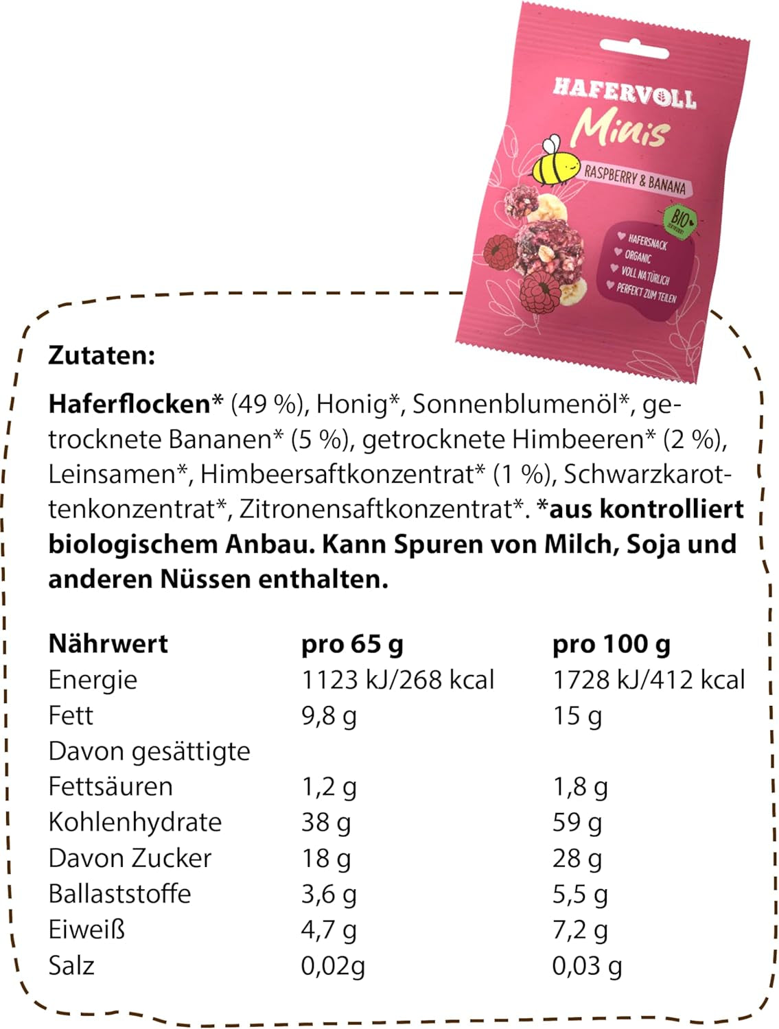 HAFERVOLL Minis Koolzaad en Banaan 8x 65g - Gecertificeerd biologisch, met honing, zonder toegevoegde suikers, perfect om te delen