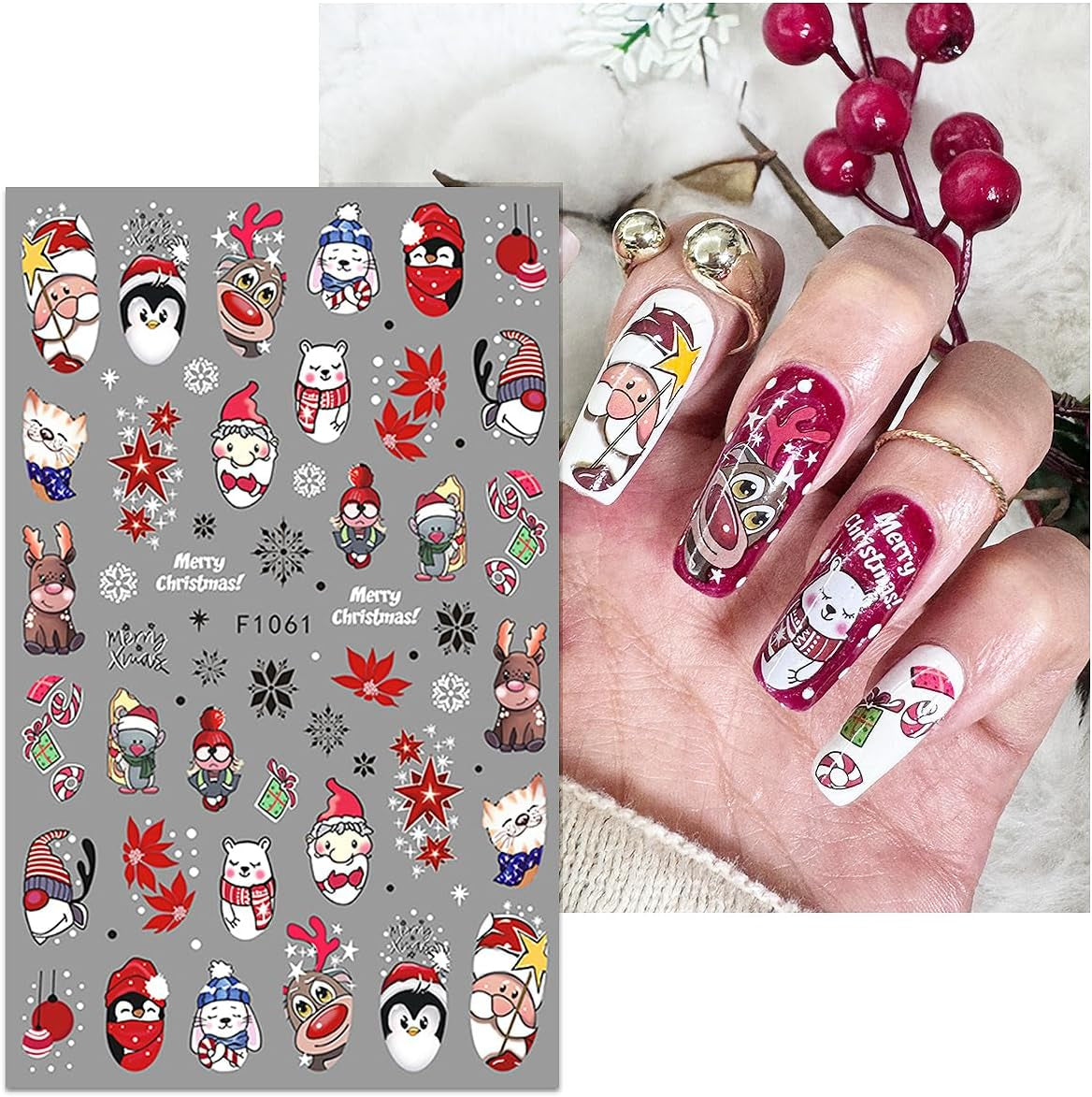 JMEOWIO Nagelsticker Weihnachten 10 Blatt Nail Art Sticker Selbstklebend Nagelaufkleber Schneeflocke Winter Urlaub Süß Decoratie Nageldesign Zubehör