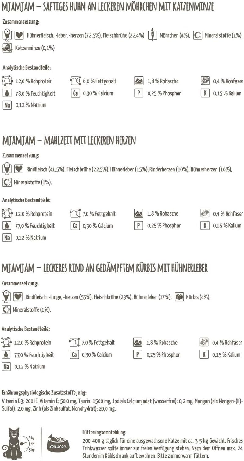 MjAMjAM - Premium natvoer voor katten - Gemengd pakket I - Kip, Rundvlees, Harten, 12 stuks (12 x 125 g), graanvrij met extra vlees