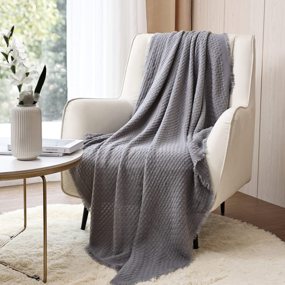 CREVENT Roest Gebreide Deken voor Bank Bank Stoel Bed Woondecoratie Zacht Warm Gezellig Lichtgewicht Lente Zomer Herfst (127,8 X 152,4 cm Karamel / Bruin / Verbrand Oranje) CREVENT Bedden en Dekens Lichtgrijs Wafel