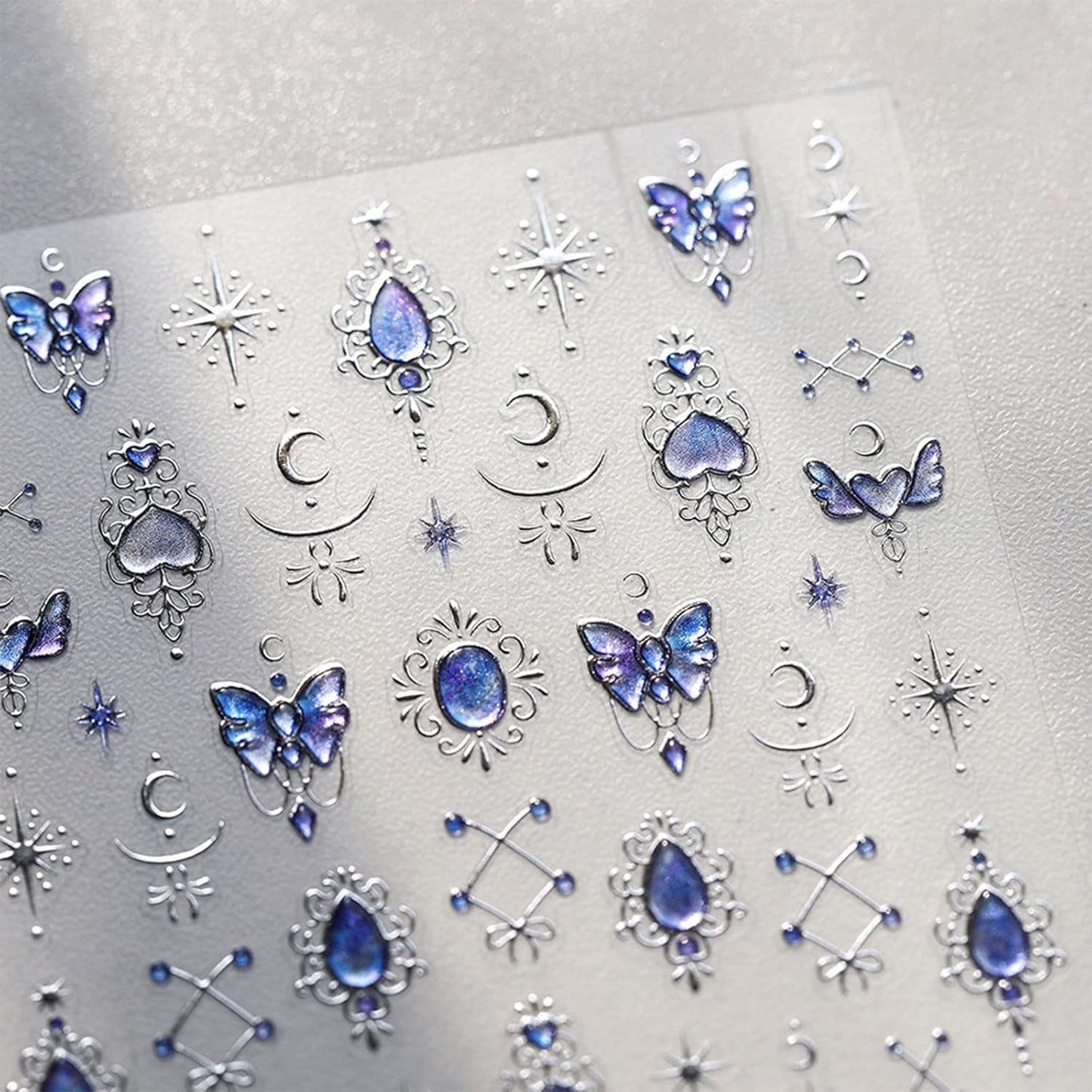 JMEOWIO 3D Nagelsticker Blauer Nail Art Sticker Selbstklebend Nagelaufkleber 5D Stereoskopisch Mondstern Decoratie Nageldesign Zubehör 1 Blatt