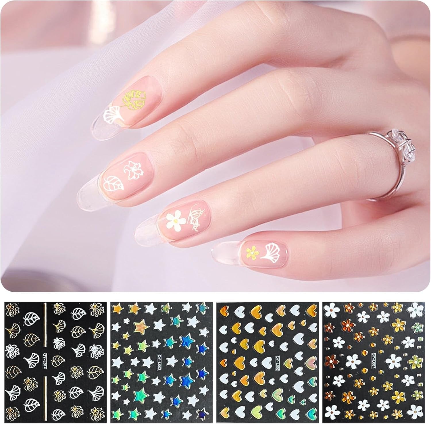 3D Nagelsticker Aurora 30 Blatt Gold Nail Art Sticker Selbstklebend Nagelaufkleber Holografisches Stern Herz Decoratie Nageldesign Zubehör