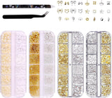 Nagelsleutelhangers 4 boxset - 48 soorten gouden en zilveren 3D nagelsleutelhangers (vlinders, bloemen, parels, enz.) + pincet en pen - voor doe-het-zelf gel- en acrylnagels | Ideaal voor nagelsalon en thuis