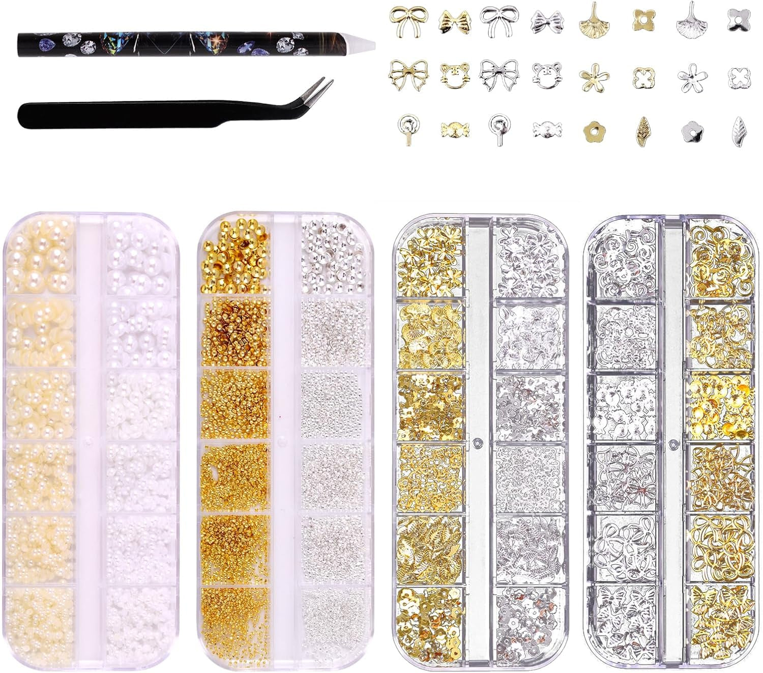 Nagelsleutelhangers 4 boxset - 48 soorten gouden en zilveren 3D nagelsleutelhangers (vlinders, bloemen, parels, enz.) + pincet en pen - voor doe-het-zelf gel- en acrylnagels | Ideaal voor nagelsalon en thuis