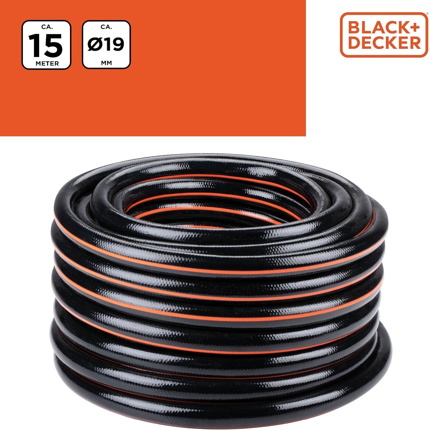 BLACK+DECKER Tuinslang 15 meter - Ø19MM - Duurzaam PVC - Tuin besproeien, auto wassen, zwembad vullen - Compatibel met elke standaard kraan - Zwart/Oranje