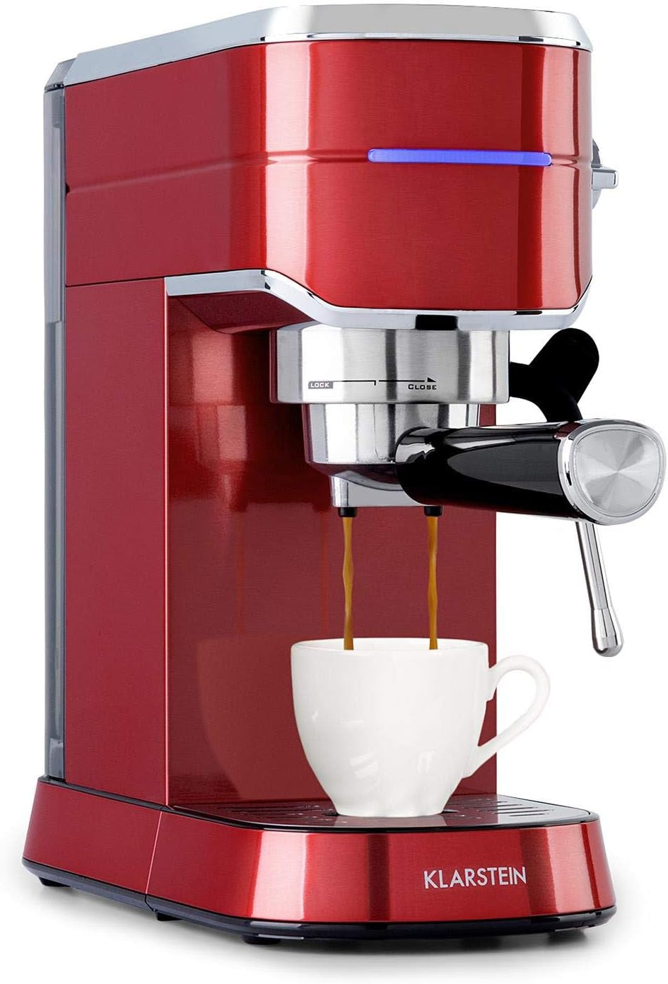 Klarstein Futura espressomachine, draagbare filter-espressomachine, 1450 W, 20 bar, Barista-kwaliteit, dubbele sproeier, doorstroomstop, draagbare filter-espressomachine, melkopschuimfunctie, zilver
