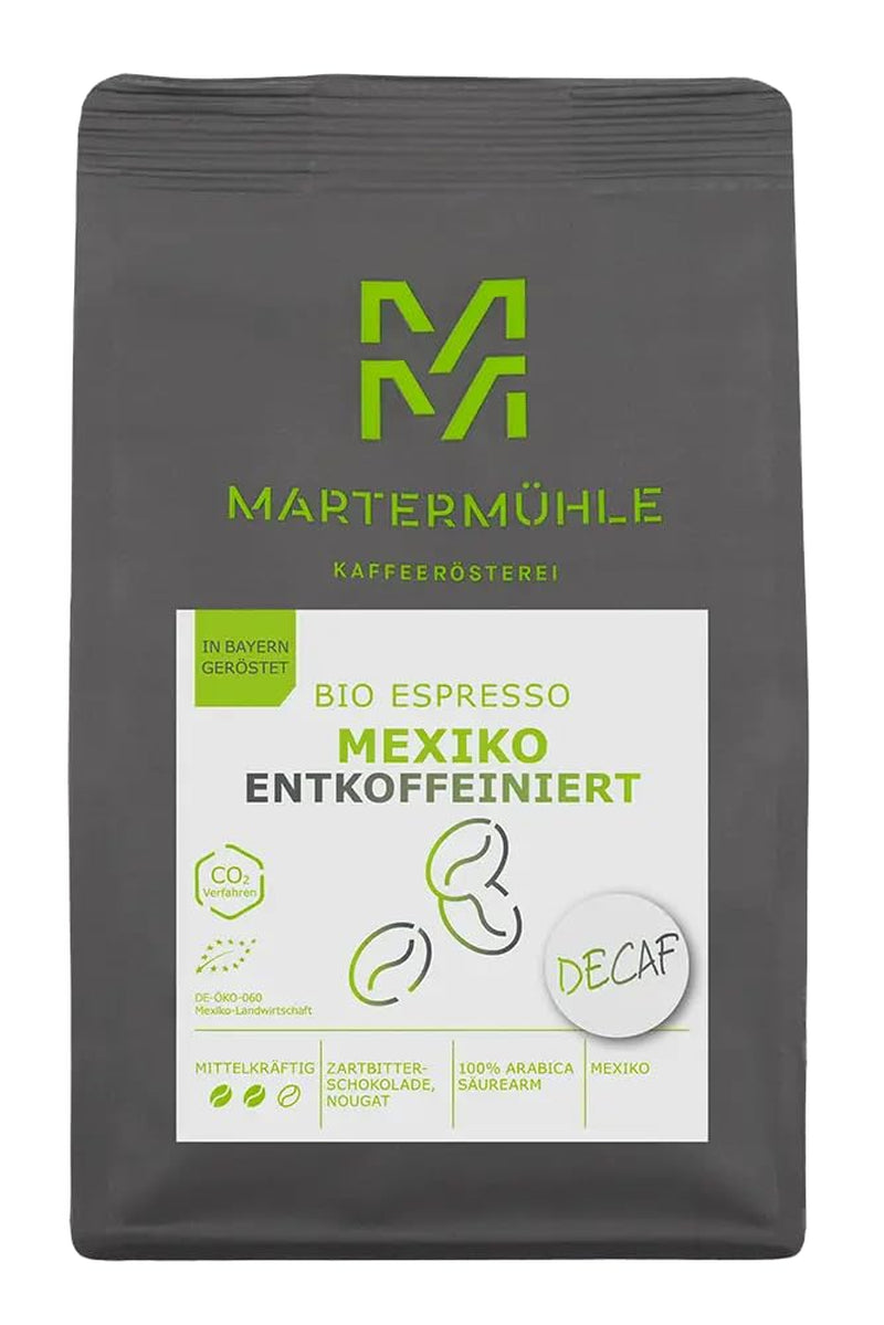 Martermühle Mexiko Bio Espressobohnen entkoffeiniert 1kg mittelkräftig I Arabica I Smaak: Nougat, Zartbitterschokolade I Ganze Bio Espresso-Bohnen schonend geröstet, säurearm