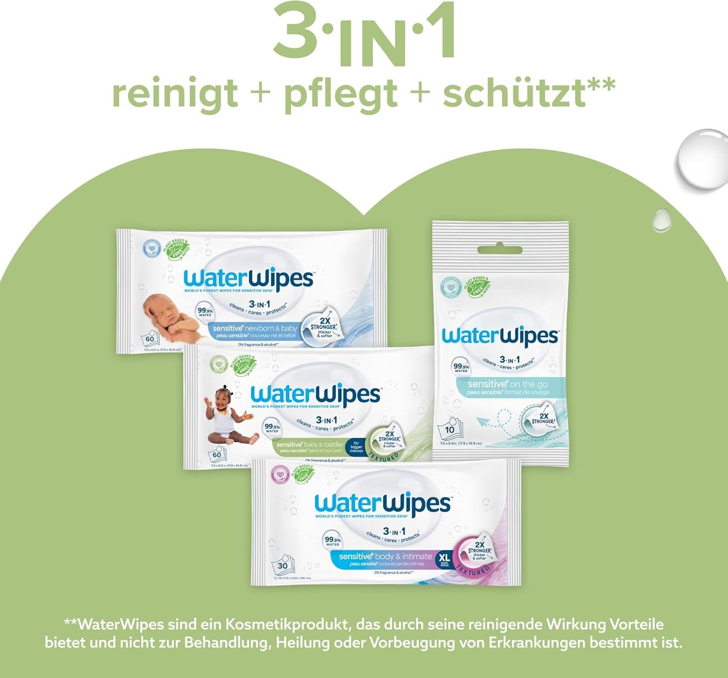 WaterWipes Sensitive+ vochtige doekjes voor baby's en peuters, 720 stuks (12 stuks), 3-in-1 reiniging, verzorging, bescherming, 99,9% water, structuurreiniging, geurvrij