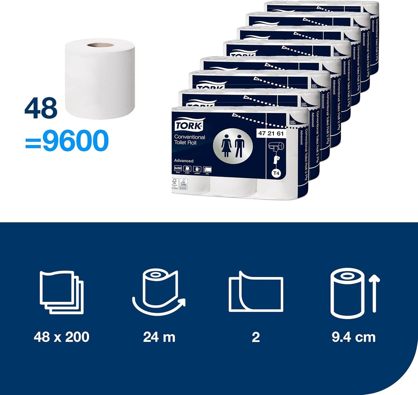 Toiletpapier Tork Kleine rol Wit T4, Advanced, 2-laags, 48 ​​× 200 vel, 472161