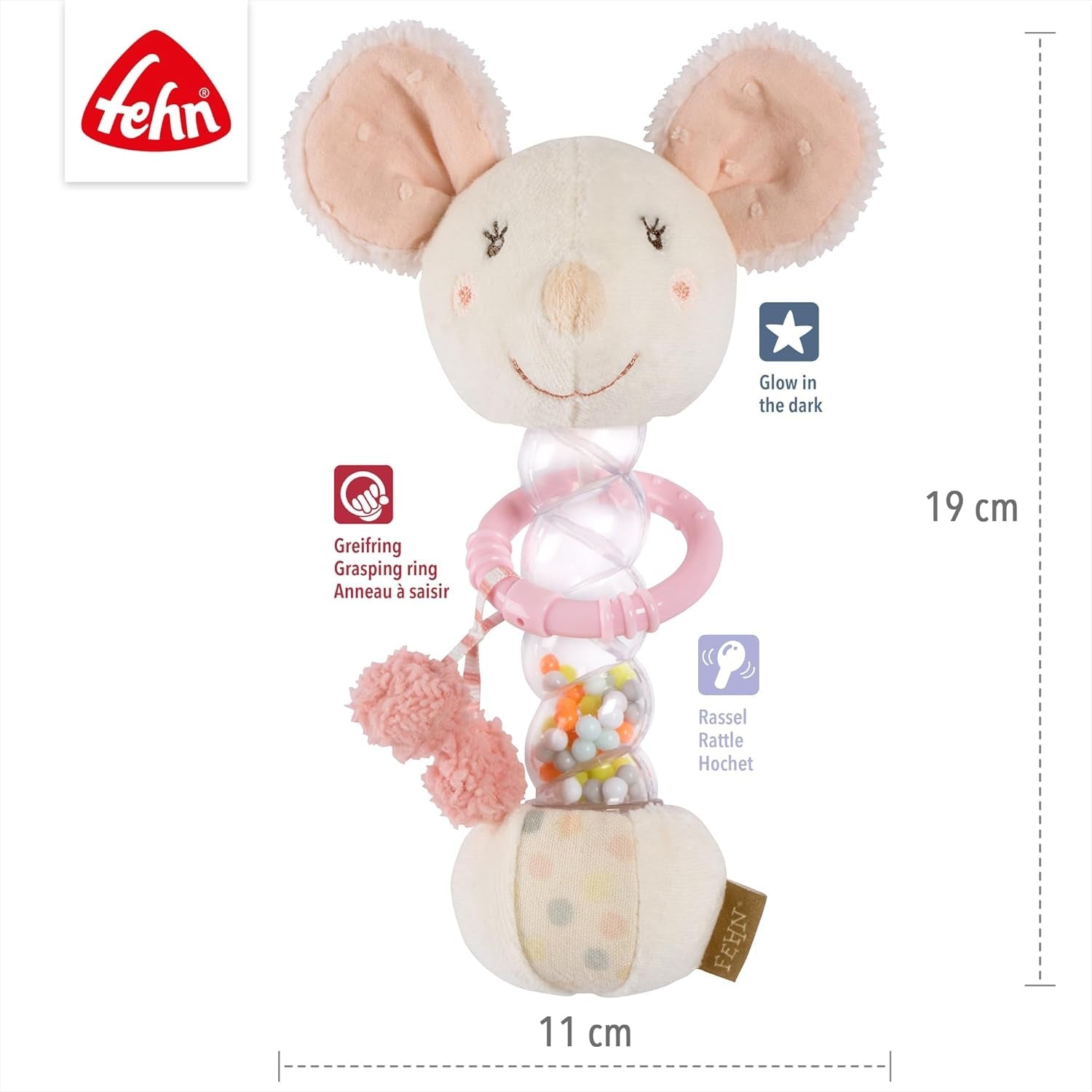 Fehn Rainmaker muis - motorisch speeltje met bel om vast te pakken en geluidjes te maken - belstok stimuleert op speelse wijze zintuigen en motoriek - voor baby's en peuters vanaf 0+ maanden Babyspeelgoed Naty Shop