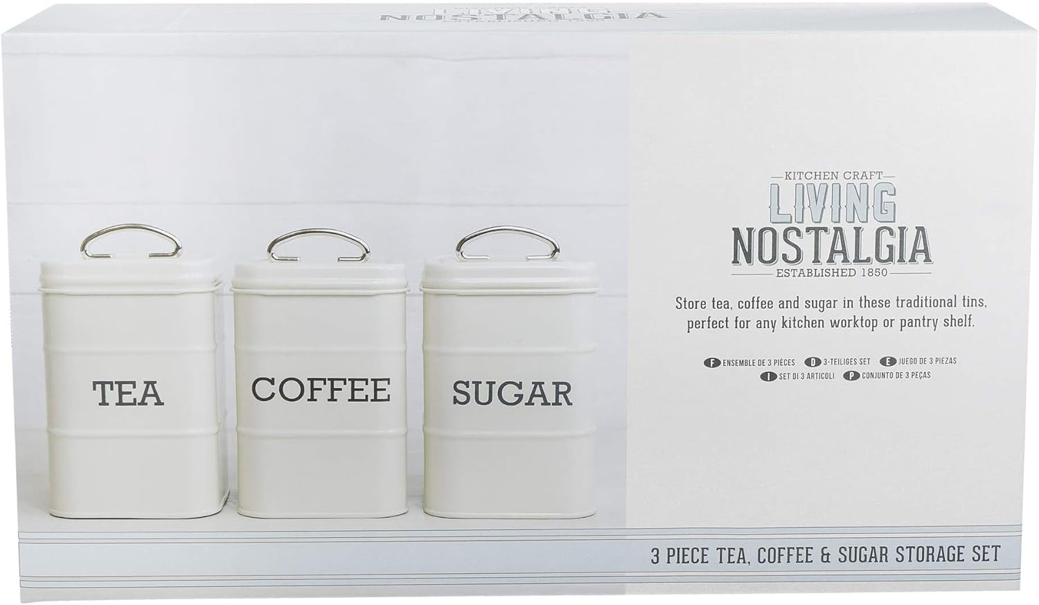 KitchenCraft Living Nostalgia set van 3 voorraadpotten voor thee, suiker en koffie in geschenkdoos, staal, antiek crème, 11 cm x 11 cm x 17 cm, vintage blauwe voedselbewaardozen Naty Shop