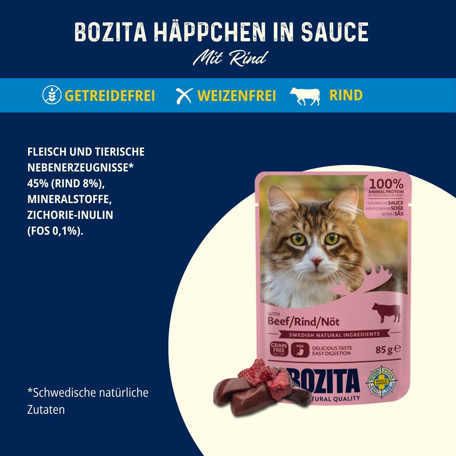 Bozita Pouch Natvoer stukjes in rundvleessaus - 12 zakjes x 85g Graan- en tarwevrij natvoer voor katten - Natvoer voor volwassen katten met 8,5% eiwit en 4,5% vet