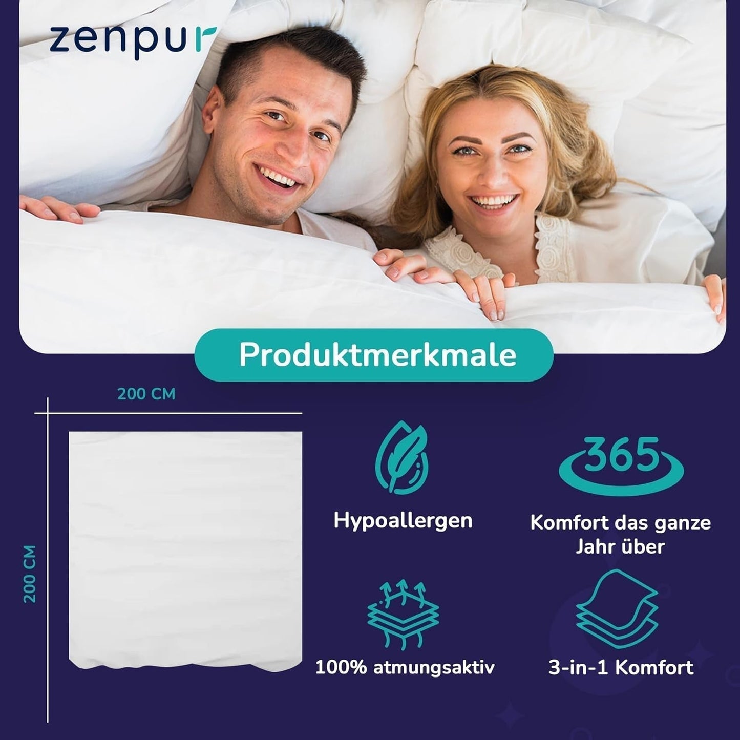 Premium dekbed 200X200Cm 4 seizoenen, dekbed voor alle seizoenen 200X200 - warm in de winter en koel in de zomer, 2 combineerbare dekbedovertrekken 200X200 Dekbedden en dekbedden Naty Shop