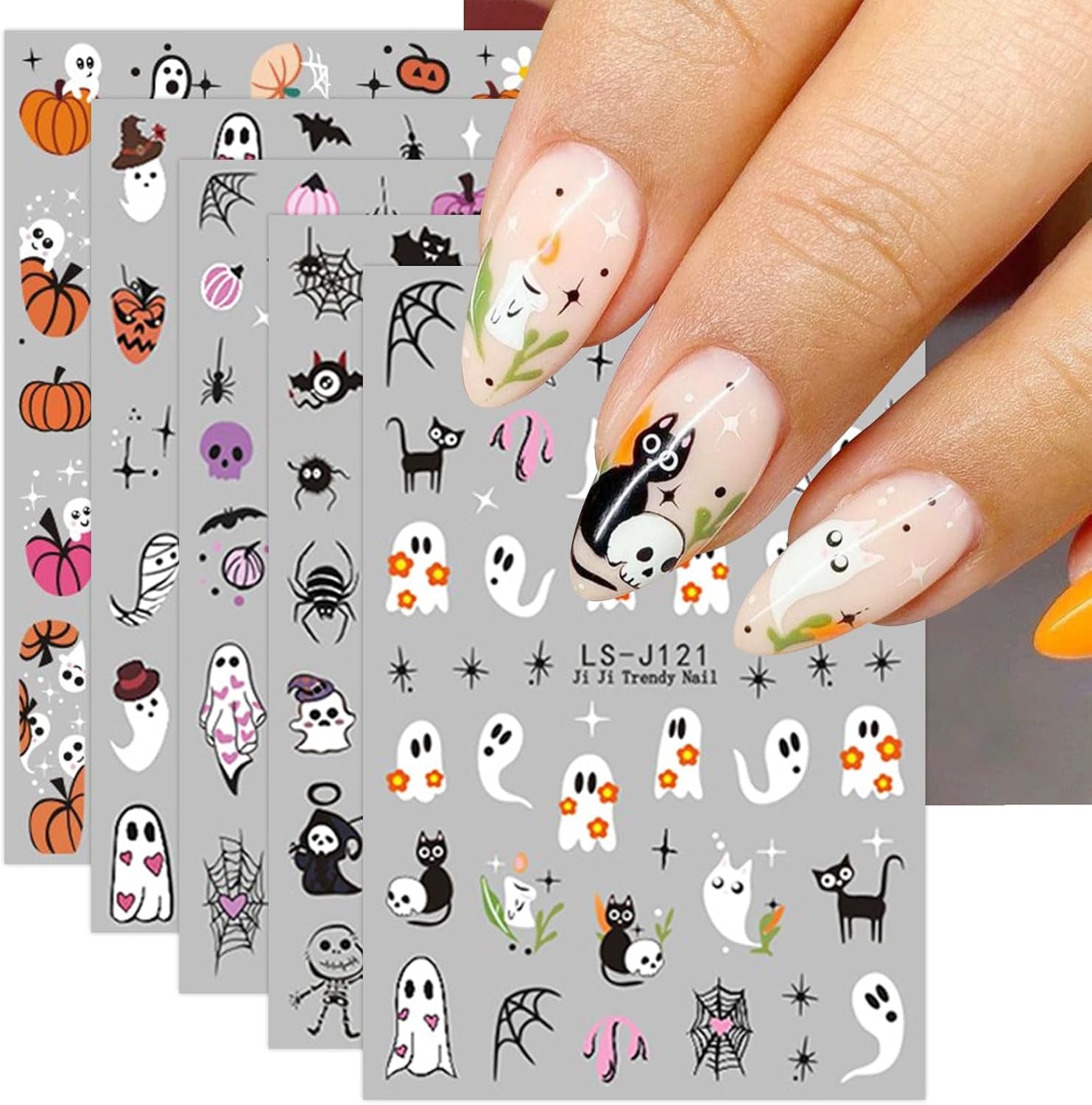 JMEOWIO Nagelsticker Halloween Süßer Geist 9 Blatt Nail Art Sticker Selbstklebend Nagelaufkleber Decoratie Nageldesign Zubehör