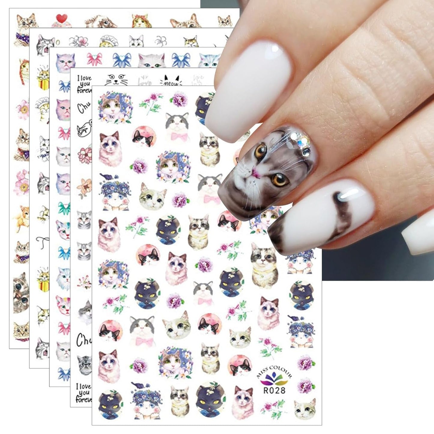 JMEOWIO Nagelsticker Tierische 8 Blatt Nail Art Sticker Selbstklebend Nagelaufkleber Katze Niedlich Decoratie Nageldesign Zubehör
