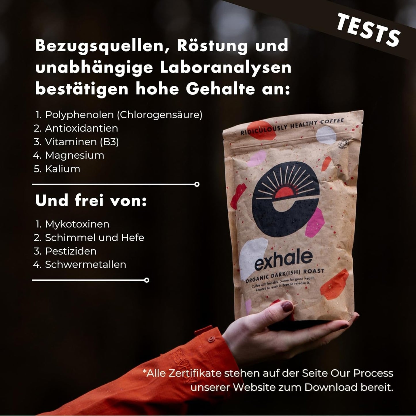 EXHALE Bio GANZE BOHNEN – Dunkel Gerösteter Kaffee – 450g Packung – Mykotoxinfrei & Geeignet für Bulletproof Coffee – Single Origin en 100% Arabica Bohnen