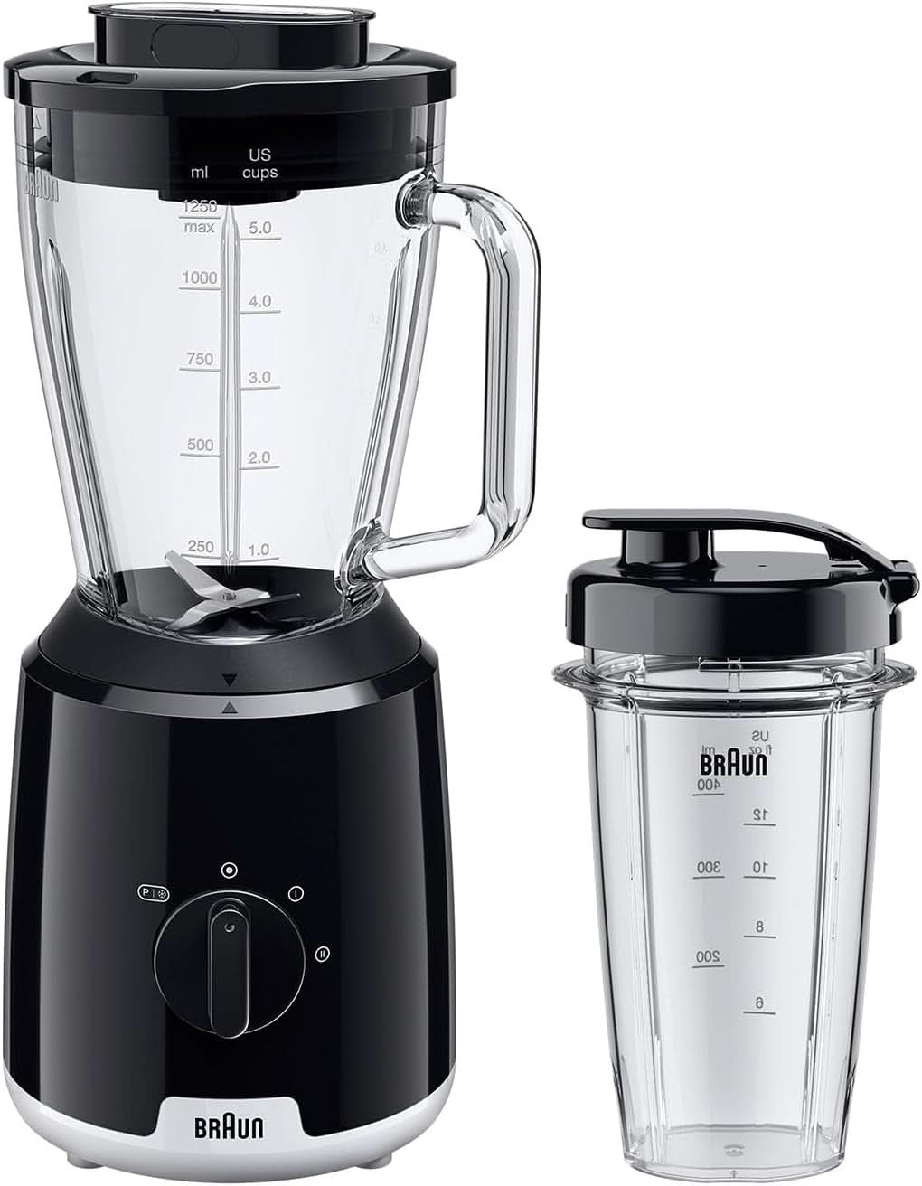 Braun Powerblend 1 JB1050WH - Standmixer met 1,5 L glas-mixaufsatz, Küchenhelfer Zum Zerkleinern, Pürieren & Mixen, Ice-Crush-functie, 2 Geschwindigkeiten, 600 Watt, Wit Bucatarie Naty Shop Schwarz Glas-Mixaufsatz