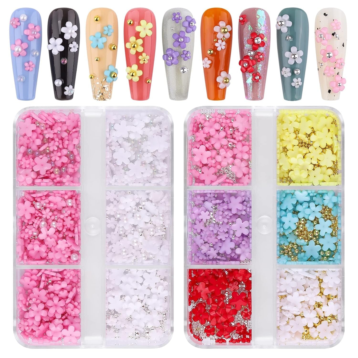 Kalolary Bloemen Nail Art Charms, 3D Acryl Bloemen voor Nagels Vijf Bloemblaadjes Bloemenornamenten Nagel Edelstenen Strass Gemengde Metalen Kralen voor DIY Nail Art Design Sieraden Maken (2 Dozen)