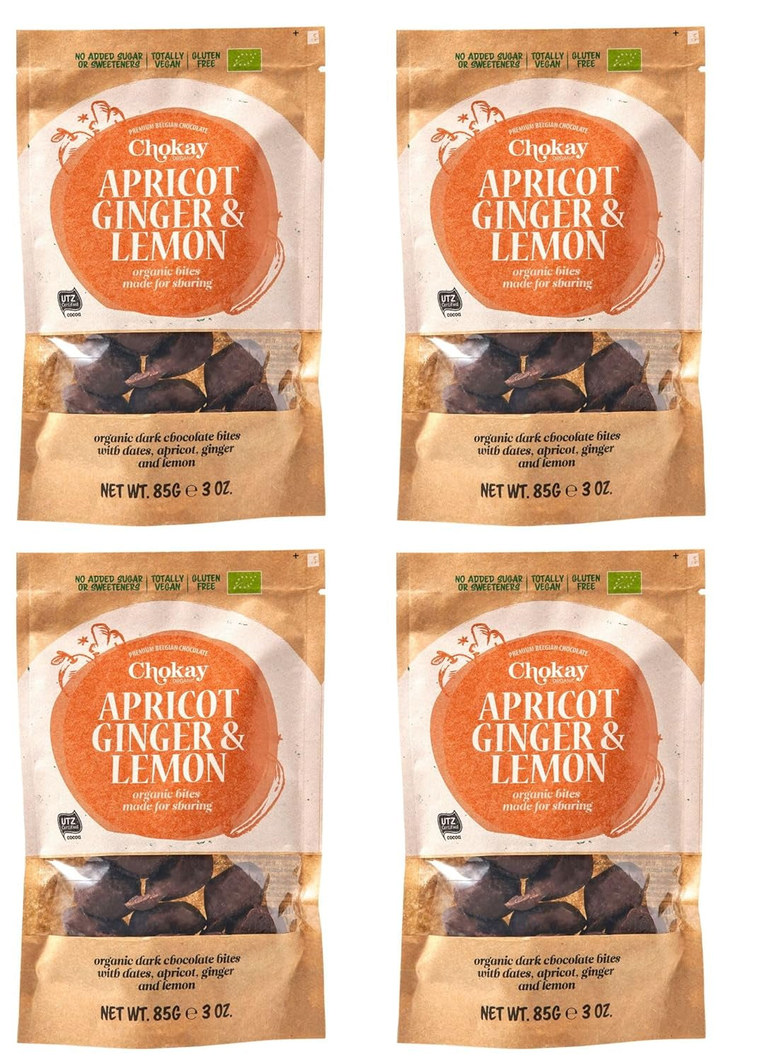 Set van 4 biologische hapjes - Kaneelamandelen/kaneelamandelen in Belgische pure chocolade/zonder toegevoegde suiker, zonder zoetstoffen/VEGAN & FAIR TRADE / 4 x 85g