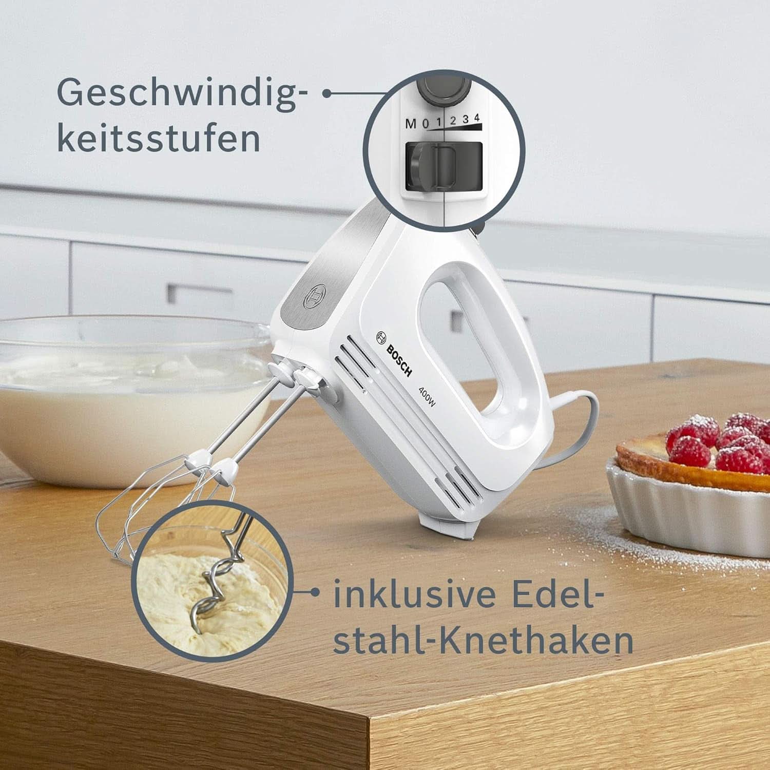 Bosch Hausgeräte Handrührer Clevermixx MFQ24200, 2 Rührbesen, 2 Spülmaschinengeeignet, 4 Stufen, Leicht, Leise, 400 W Weiß/Edelstahl Keuken Naty Shop