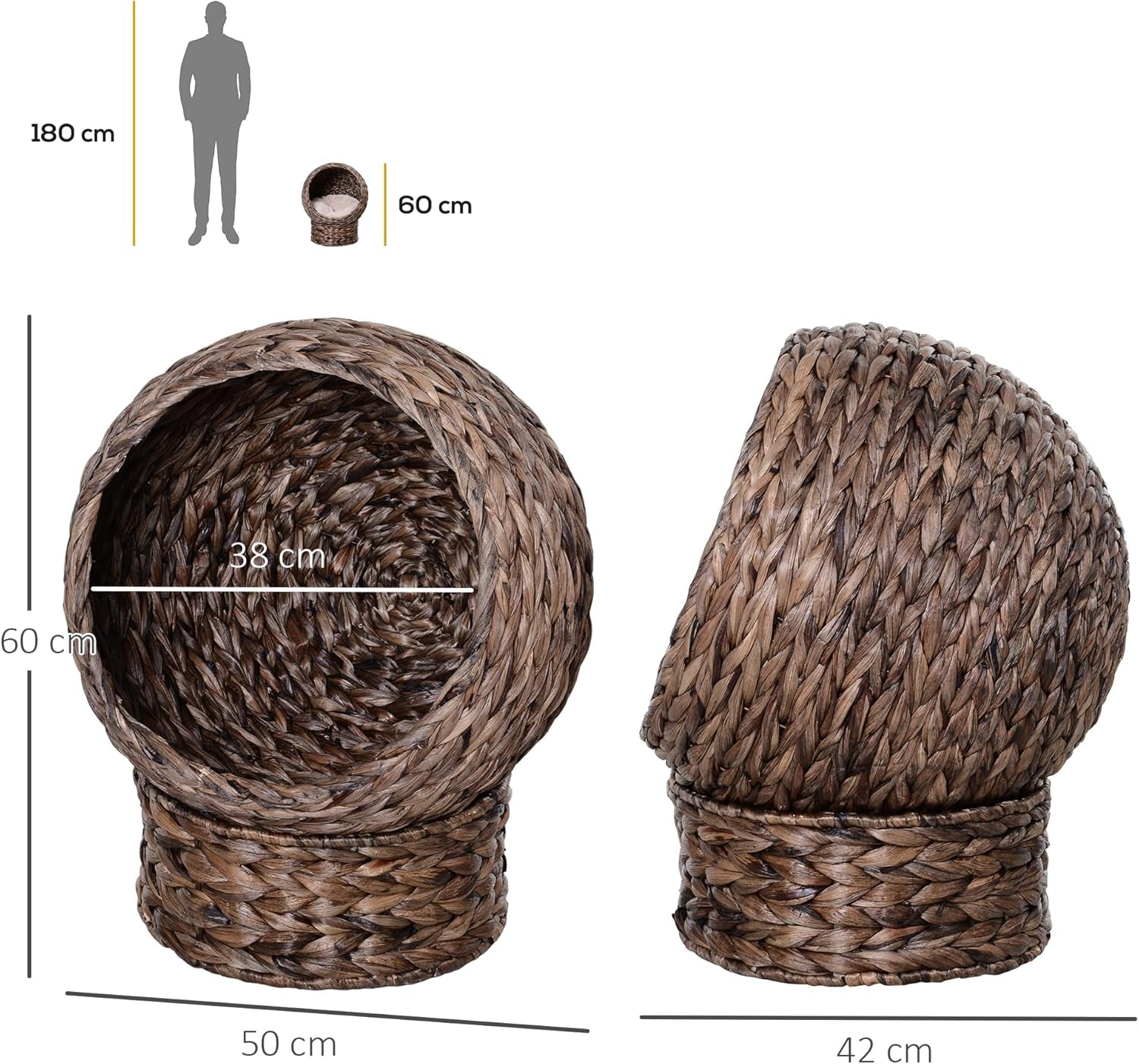 PawHut Rotan Katzenkorb Katzenhöhle Katzenhütte Katzenbett mit Kissen Haustierbett Wasserhyazinthe Kaffee 50 x 42 x 60 cm