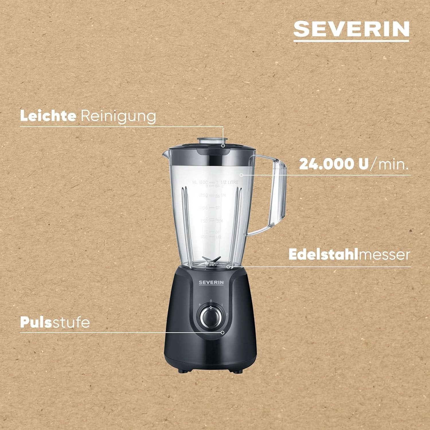 SEVERIN Standmixer Mit 1,5 L Mixbehälter Aus Tritan, Mixer Mit 2 Stufen en Pulse-Funktion, Leistungsstarker Küchenmixer Mit Edelstahlmesser, 600 W, Schwarz, SM 3707 Keuken Naty Shop