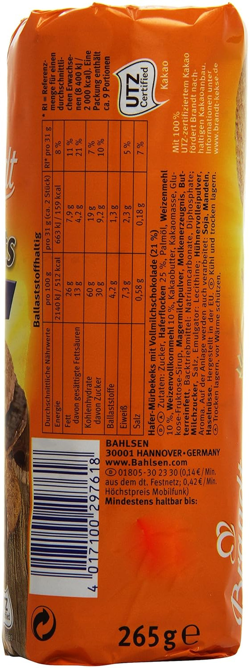 Brandt Hobbits Chocolade 265g Pak - Krokante Volkoren Chocolade Havermoutkoekjes - Knapperig deeg voor het hele gezin - in een praktische koekjesrol
