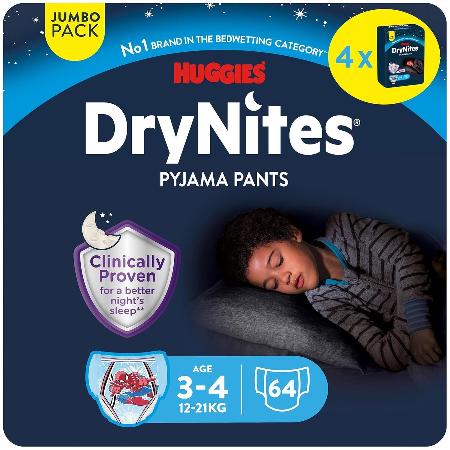 DryNites absorberende nachtelijke bedplassenluiers voor jongens 4-7 jaar (17-30 kg), jumbo maandpakket, 64 stuks
