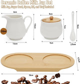 Melk- en suikerset met deksel en lepel, 5-delige keramische melkkan en suikerkan met houten tablet, melk- en suikerkan voor keuken, koffie, magnetron en vaatwasser (wit)