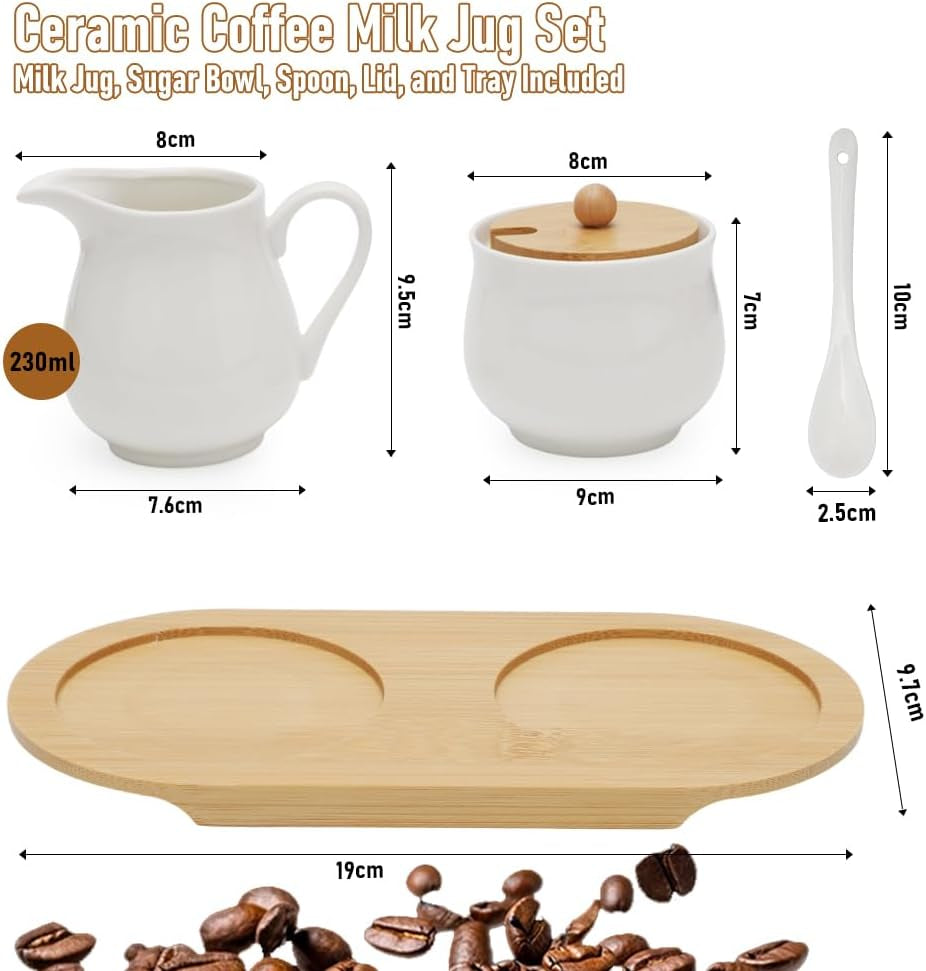 Melk- en suikerset met deksel en lepel, 5-delige keramische melkkan en suikerkan met houten tablet, melk- en suikerkan voor keuken, koffie, magnetron en vaatwasser (wit)