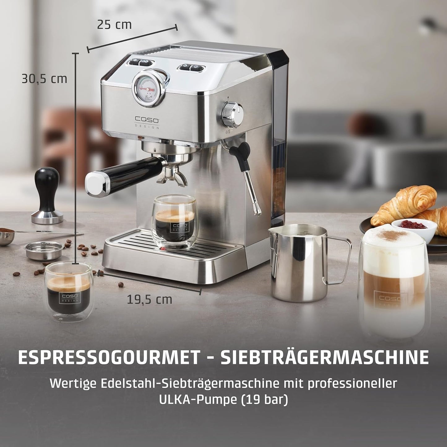 Caso Espresso Gourmet - Espressomachine met portafilter van roestvrij staal, krachtige Ulka-pomp van 19 bar, met melkopschuimer, voor gemalen koffie of ESE-koffiecapsules, voor 2 kopjes, met kopjeswarmer