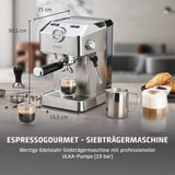Caso Espresso Gourmet - Espressomachine met portafilter van roestvrij staal, krachtige Ulka-pomp van 19 bar, met melkopschuimer, voor gemalen koffie of ESE-koffiecapsules, voor 2 kopjes, met kopjeswarmer