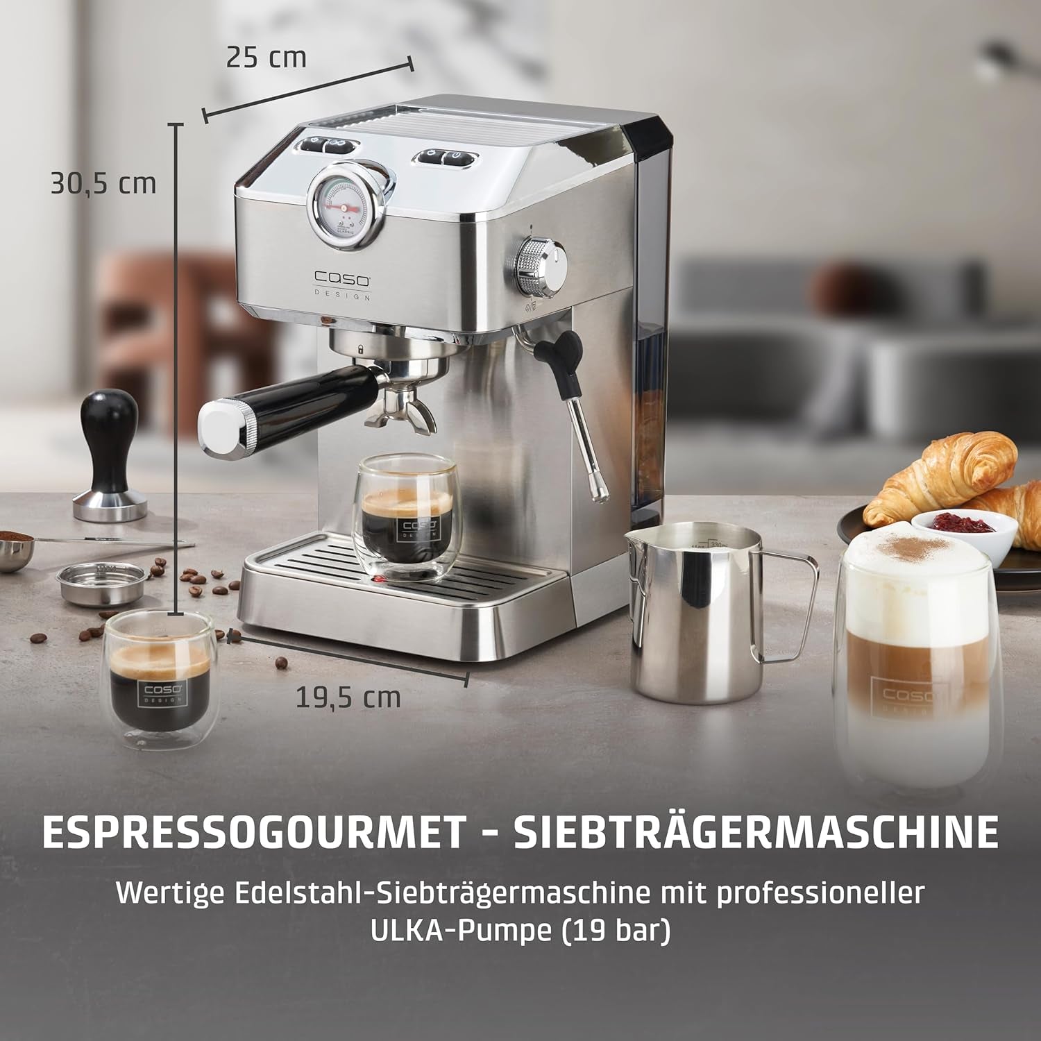 Caso Espresso Gourmet - Espressomachine met portafilter van roestvrij staal, krachtige Ulka-pomp van 19 bar, met melkopschuimer, voor gemalen koffie of ESE-koffiecapsules, voor 2 kopjes, met kopjeswarmer