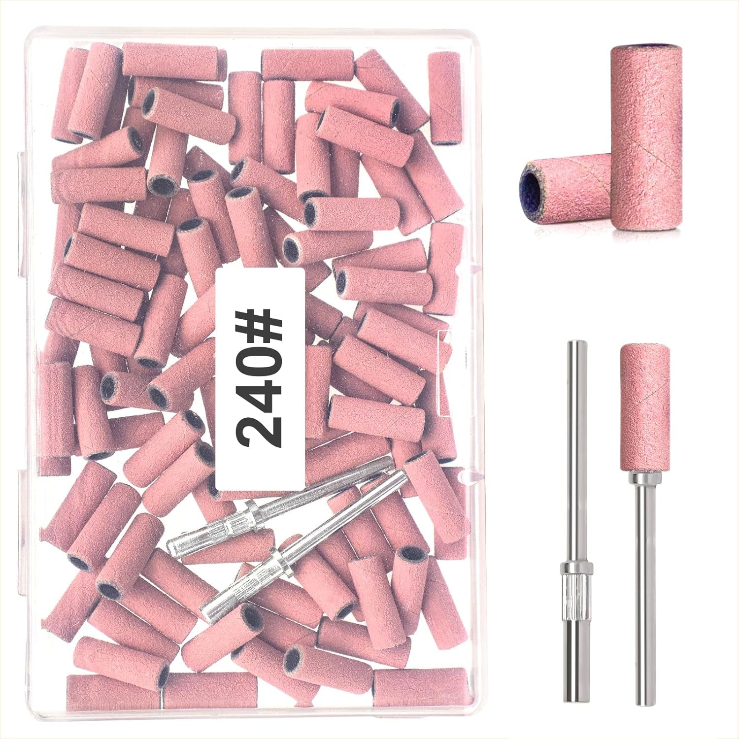 BLESWIN 100 stuks kleine schuurbanden voor nagelboren, fijn 240 korrel met 2 stuks 3 mm boren, mini-schuurbanden voor het polijsten van natuurlijke nagels en het reinigen van nagelriemen voor voorbereiding, roze