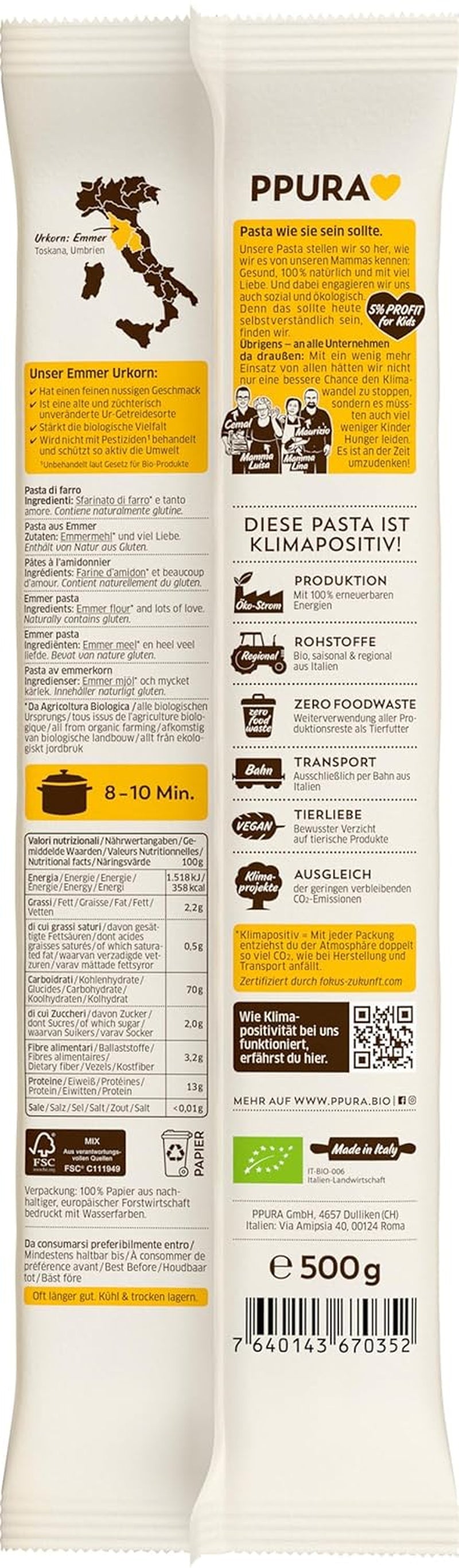 PPURA Biologische Spaghetti Pasta met Emmer 500g, 100% natuurlijke emmerspaghetti, gemaakt in Italië - Italiaanse pasta zonder toevoegingen, kleurstoffen of conserveermiddelen