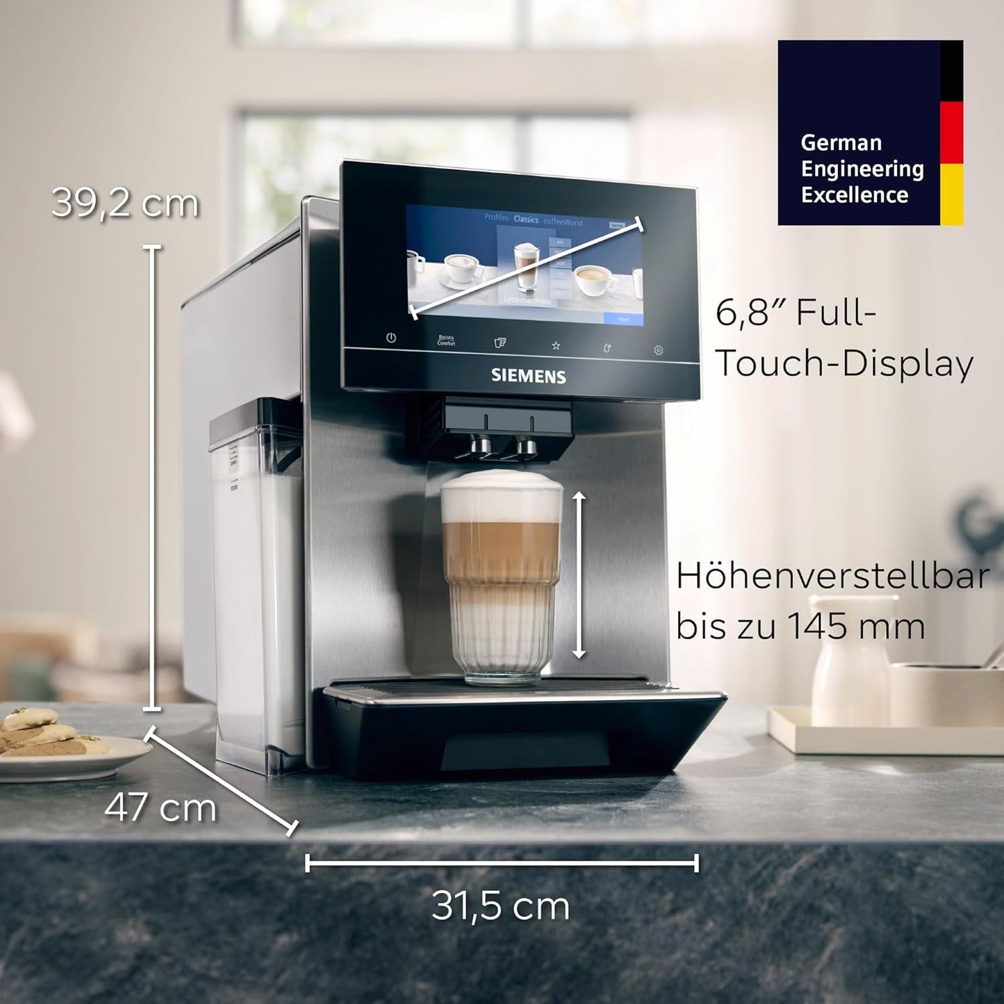 Siemens EQ900 TQ903D03 Automatische espressomachine, app-bediening, intuïtief touchscreen, barista-modus, AromaBoost, ruisonderdrukking, premium molen, automatische stoomreiniging, 1500 W, roestvrij staal