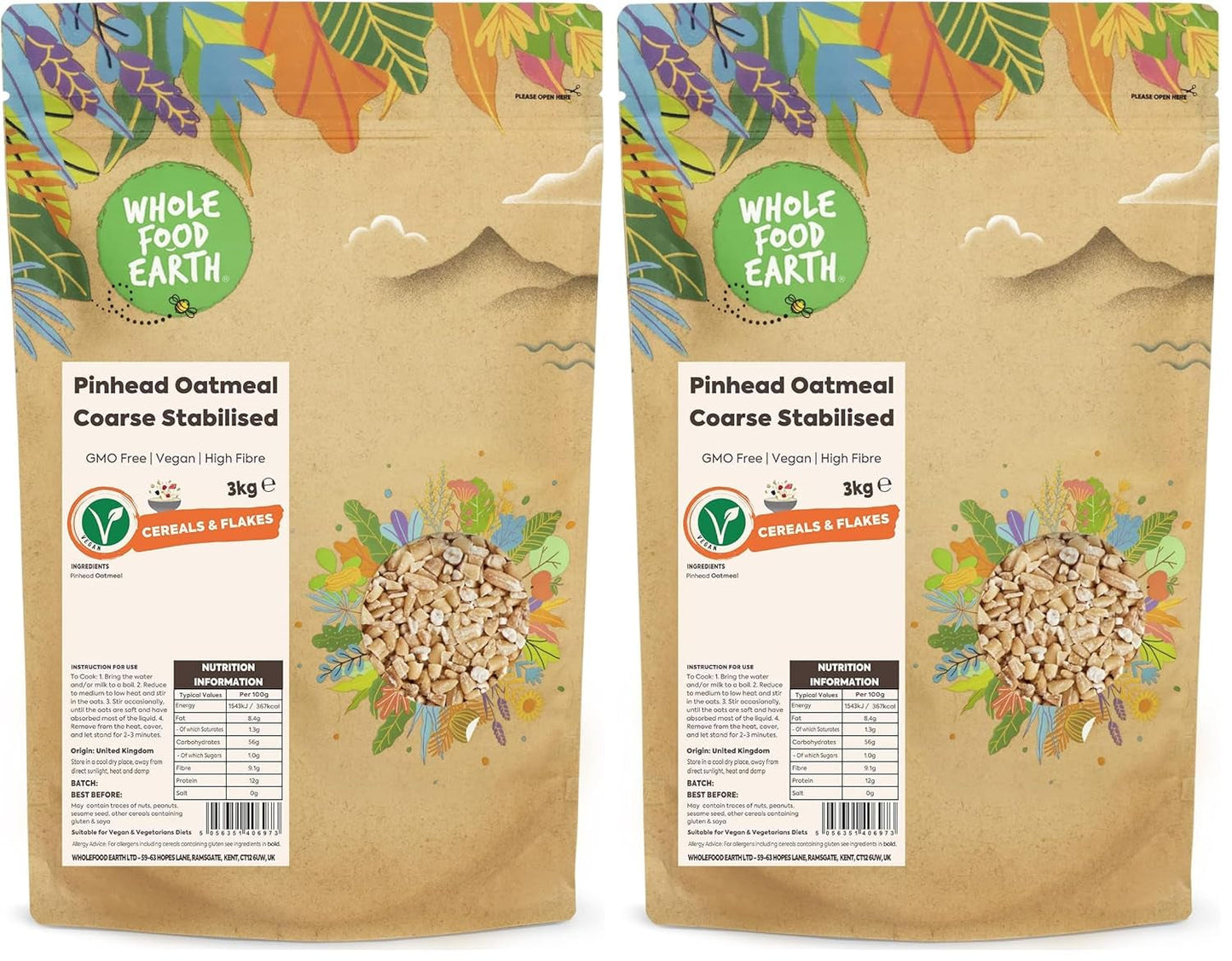 Wholefood Earth Pinhead Havermout Grof Gestabiliseerd 3kg | Niet-GMO | Rijk aan vezels